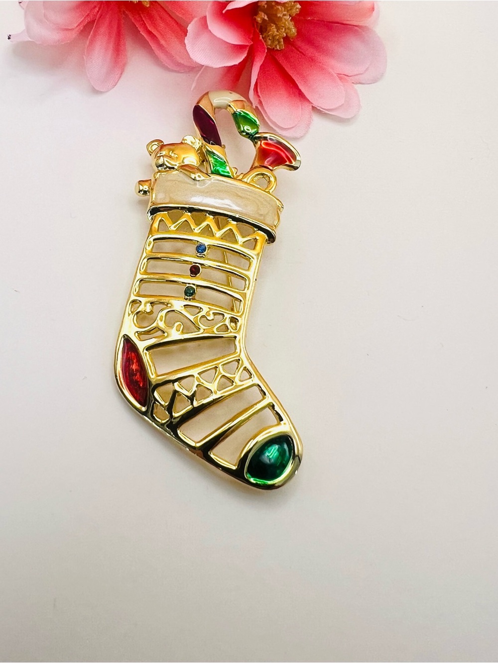 Gold-Tone Christmas Stocking brooch with Red & Green Accents